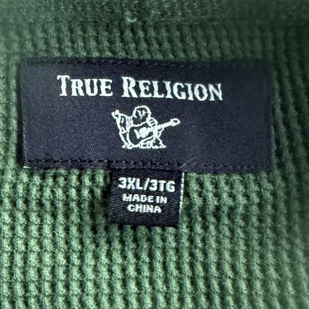 True Religion Shirt Mens 3XL Green Waffle Thermal Long Sleeve Henley Patch Logo